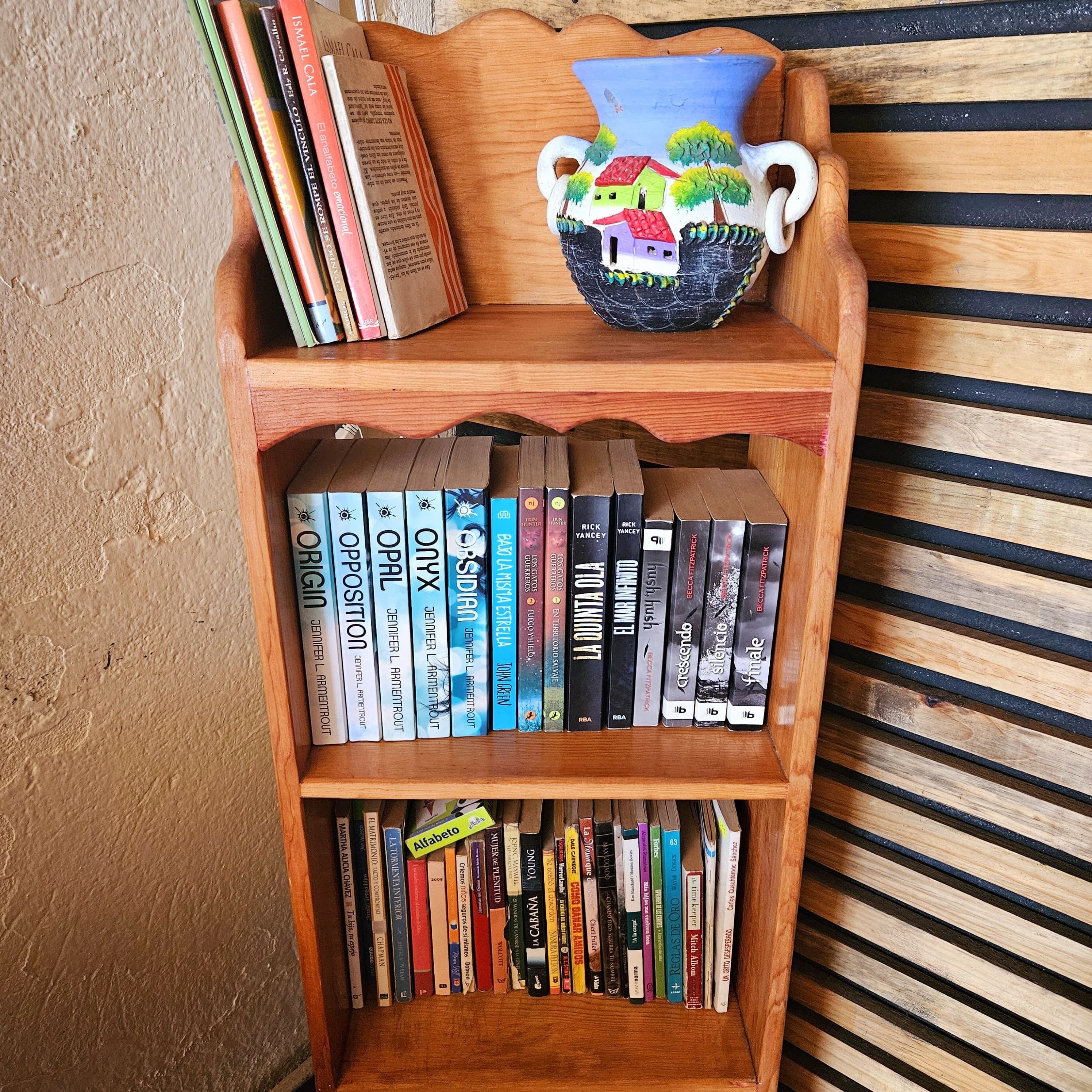 A wooden bookshelf with multiple shelves holding various books.
