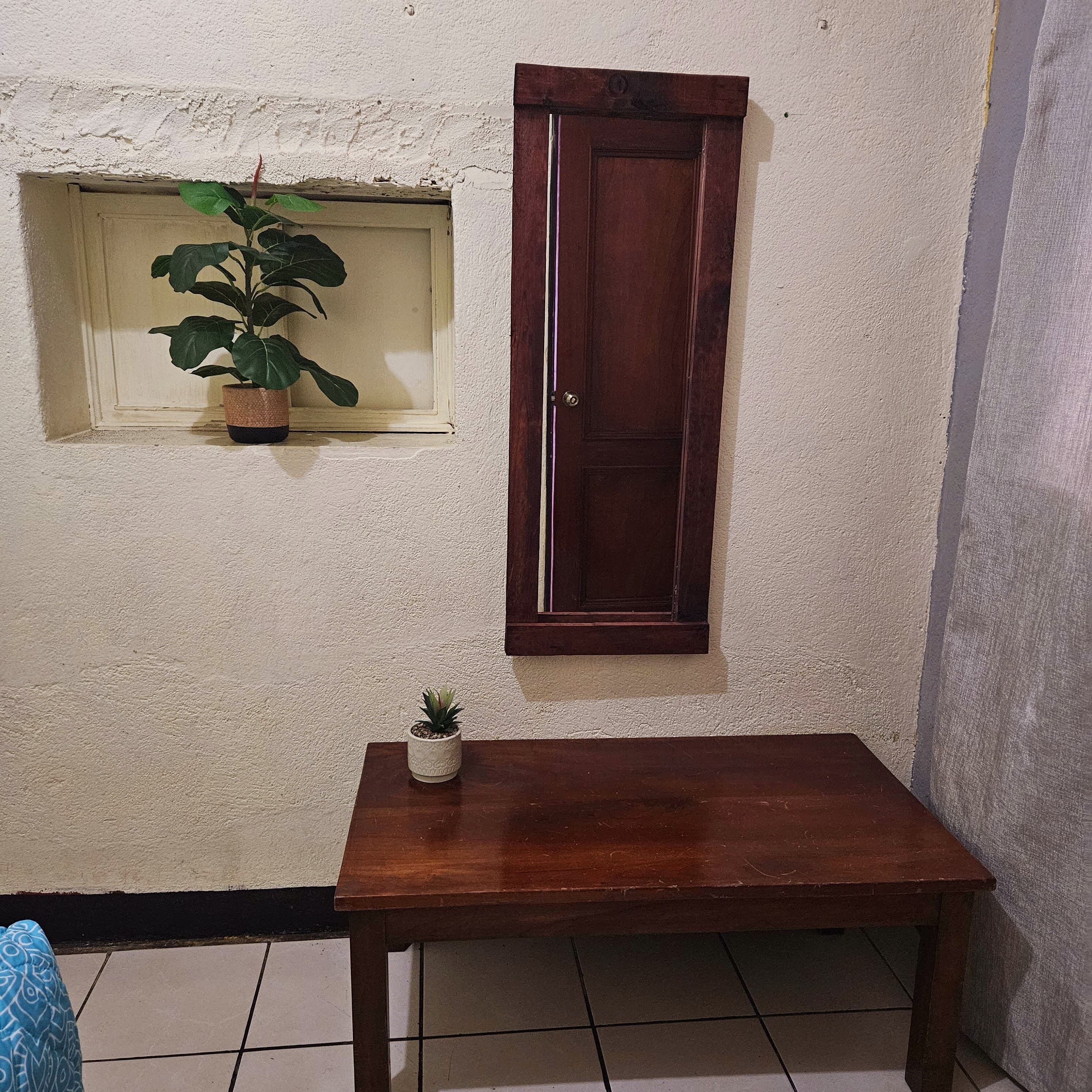 A small room with a wooden door, a window with a potted plant, and a small table.