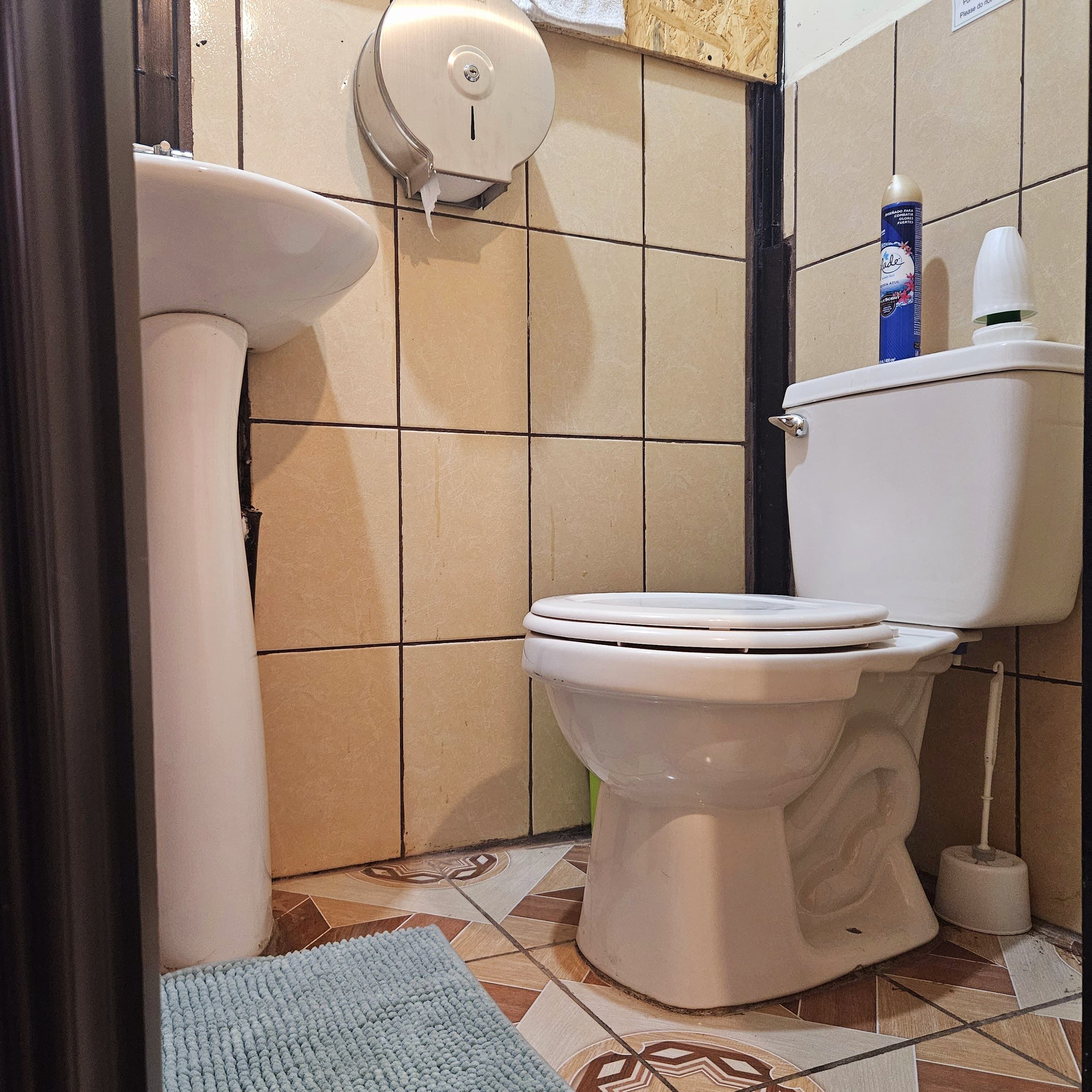 A bathroom with a toilet, a sink, and a paper towel dispenser.