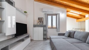 Un salon moderne avec un canapé gris, un téléviseur à écran plat posé sur un meuble blanc, un système de climatisation intégré et une lucarne au-dessus d’une fenêtre.