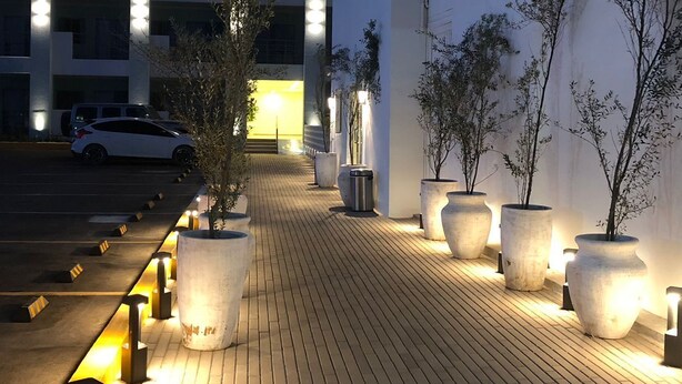 A well-lit walkway with large planters and a modern building in the background.