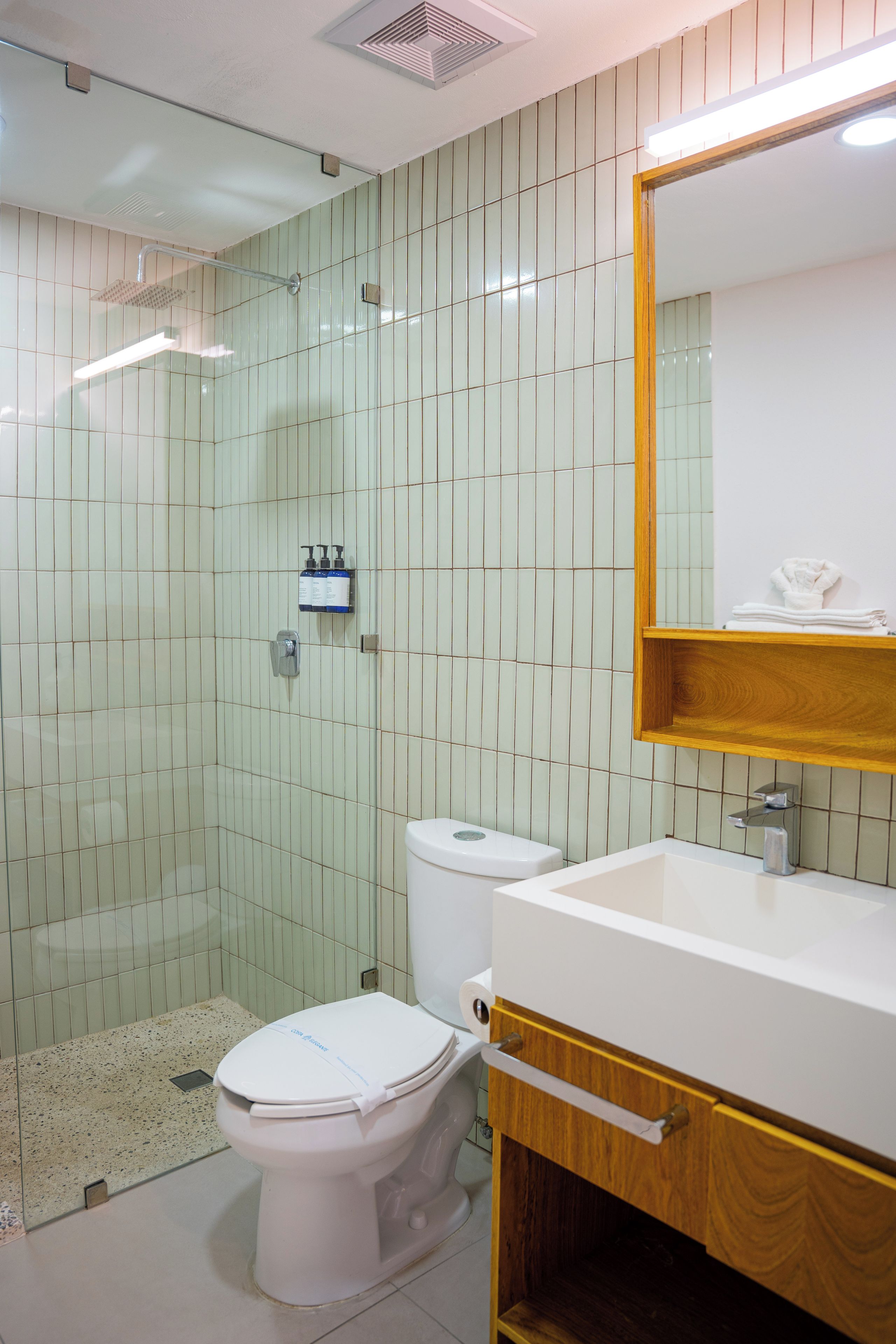 A bathroom with a toilet, a sink, and a shower.