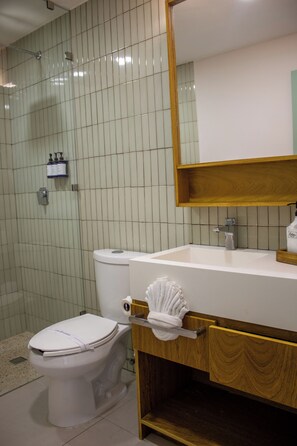 Casa de banho com sanita, lavatório, espelho e porta-toalhas.
