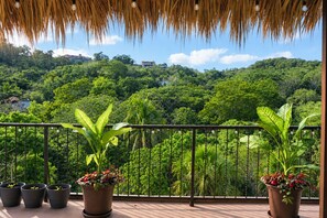 A balcony with a view of a lush green landscape, potted plants, and a thatched roof. - Casa Esperanza (San Pedro Pochutla)