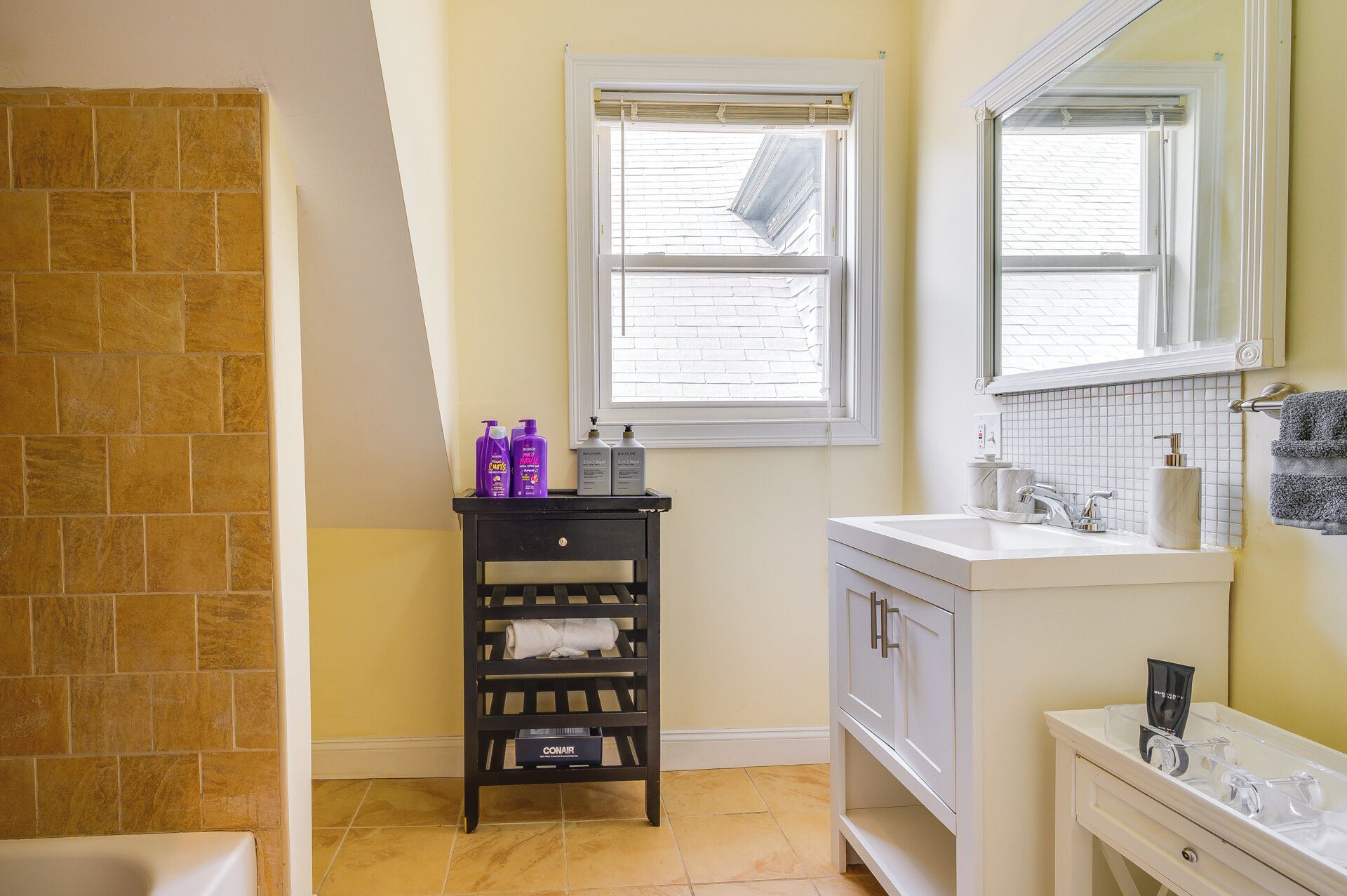 Hair dryer, towels, soap, shampoo