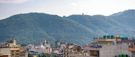 A cityscape with a view of a hill in the background.