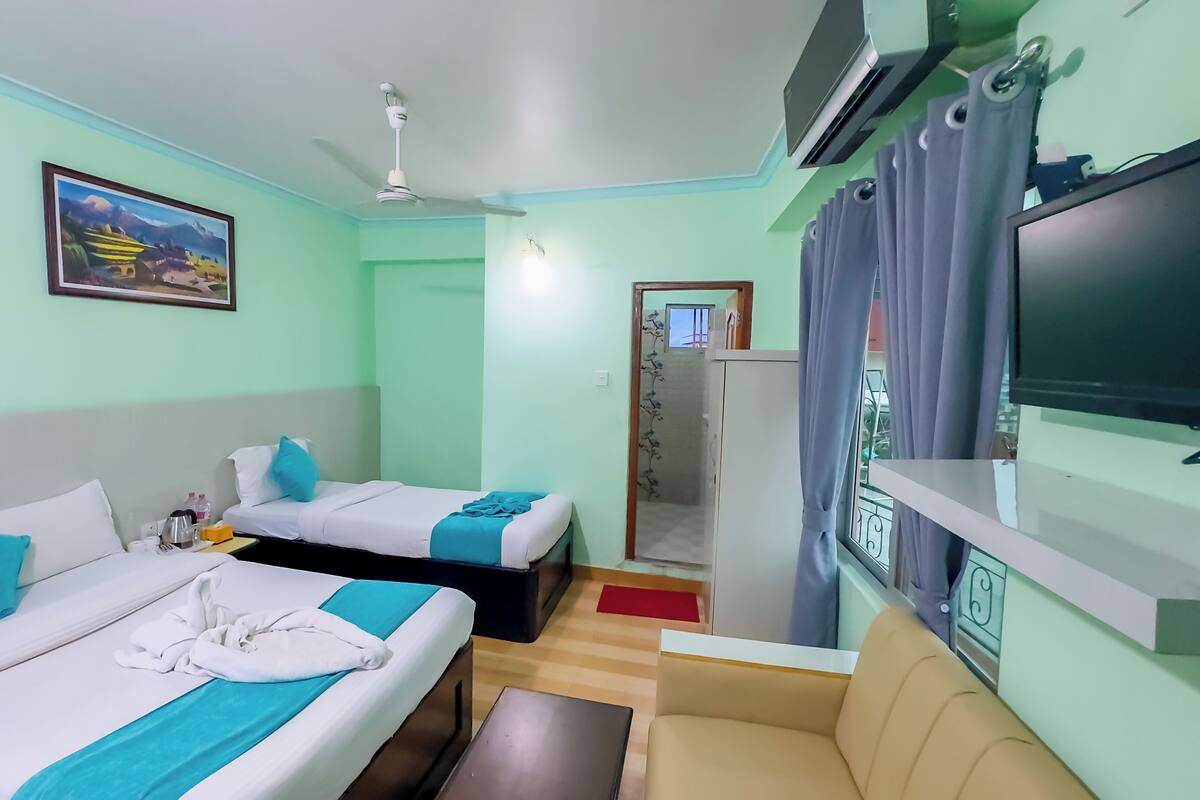 Habitación de hotel con dos camas, un sofá, un televisor y un cuadro en la pared.