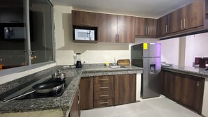 A kitchen with granite countertops, wooden cabinets, a built-in microwave, a refrigerator, and a window overlooking a cityscape.