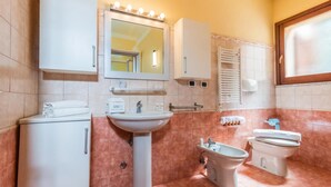 Ein Badezimmer mit Waschbecken, Spiegel, Schrank, Handtuchhalter und Toilette.