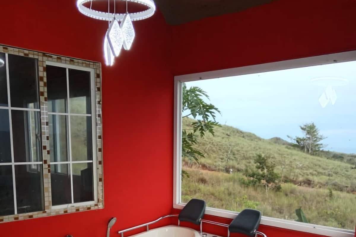 A bathroom with a large bathtub, a window with a view of a hillside, and a red wall.