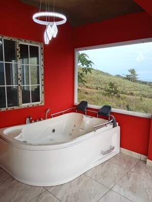 A room with a large bathtub, a window with a view of a grassy landscape, and a red wall.