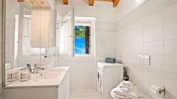 Shower, hair dryer, bidet, towels