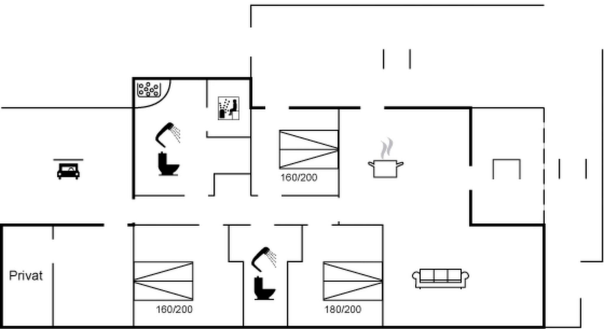 A hotel floor plan with private rooms, a kitchenette, a bathroom, and a living area.