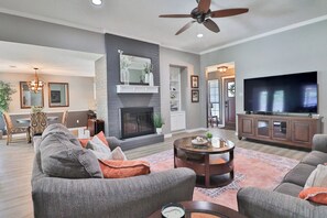 Smart TV, fireplace, DVD player, books