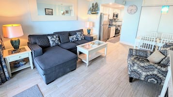 Smart TV, fireplace, books