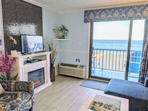 Smart TV, fireplace, books