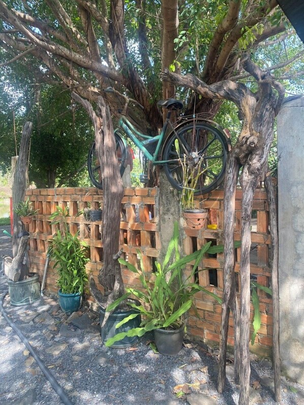 Una bicicleta colgada de un árbol, rodeada de plantas en macetas y una valla de madera.