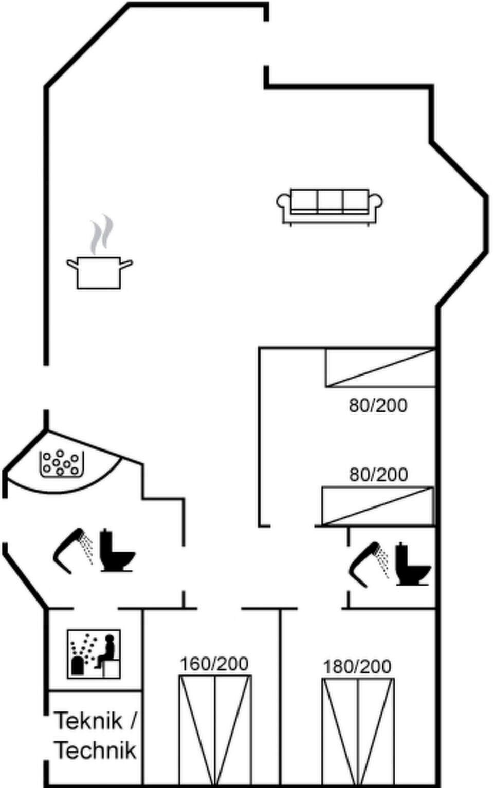 A floor plan with a kitchenette, a bathroom, and a seating area.