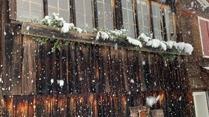 Een houten gebouw met meerdere ramen, waarvan sommige een sneeuwrand hebben.
