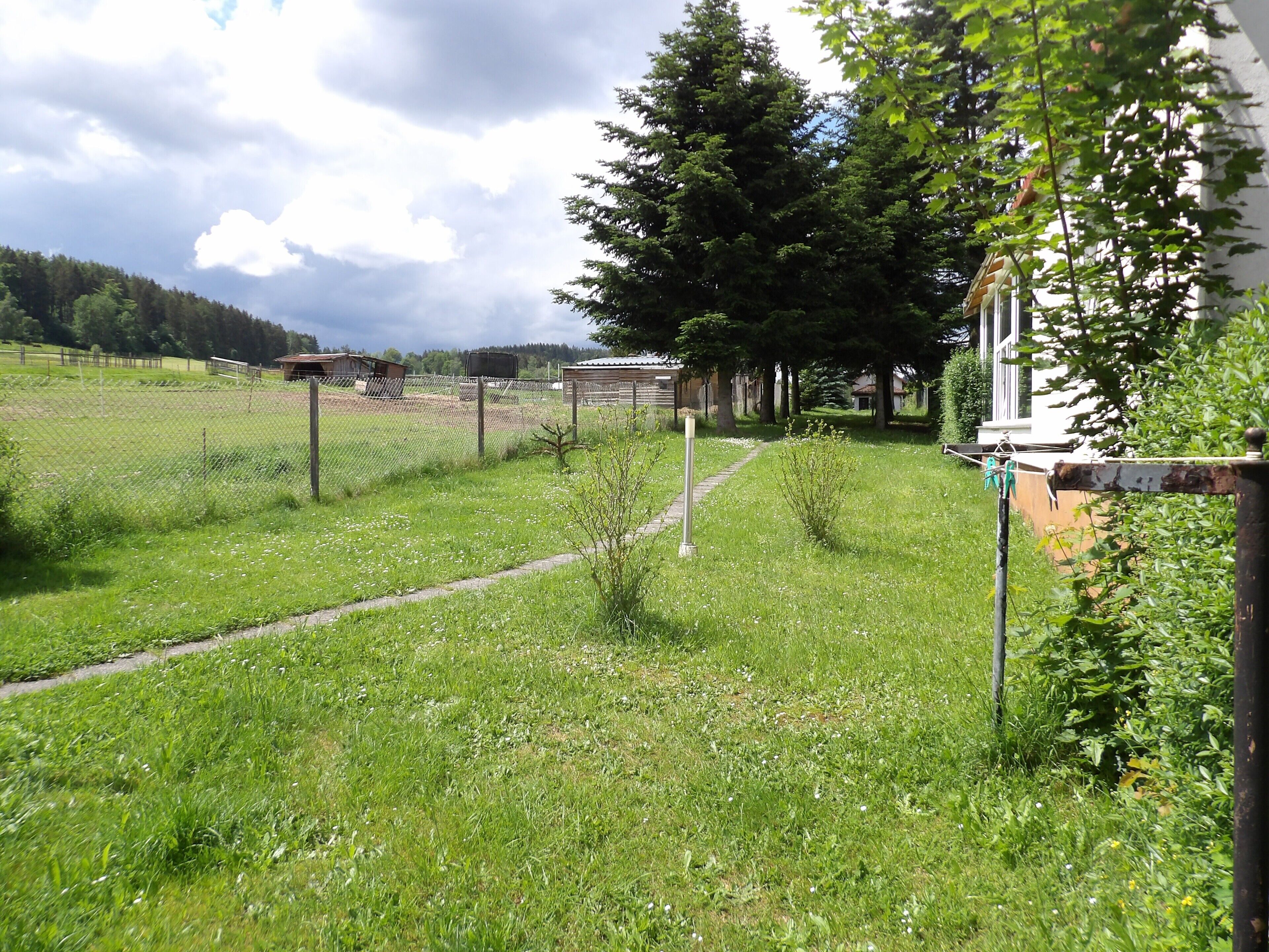 A fenced outdoor area with a pathway, trees, and a building in the background.