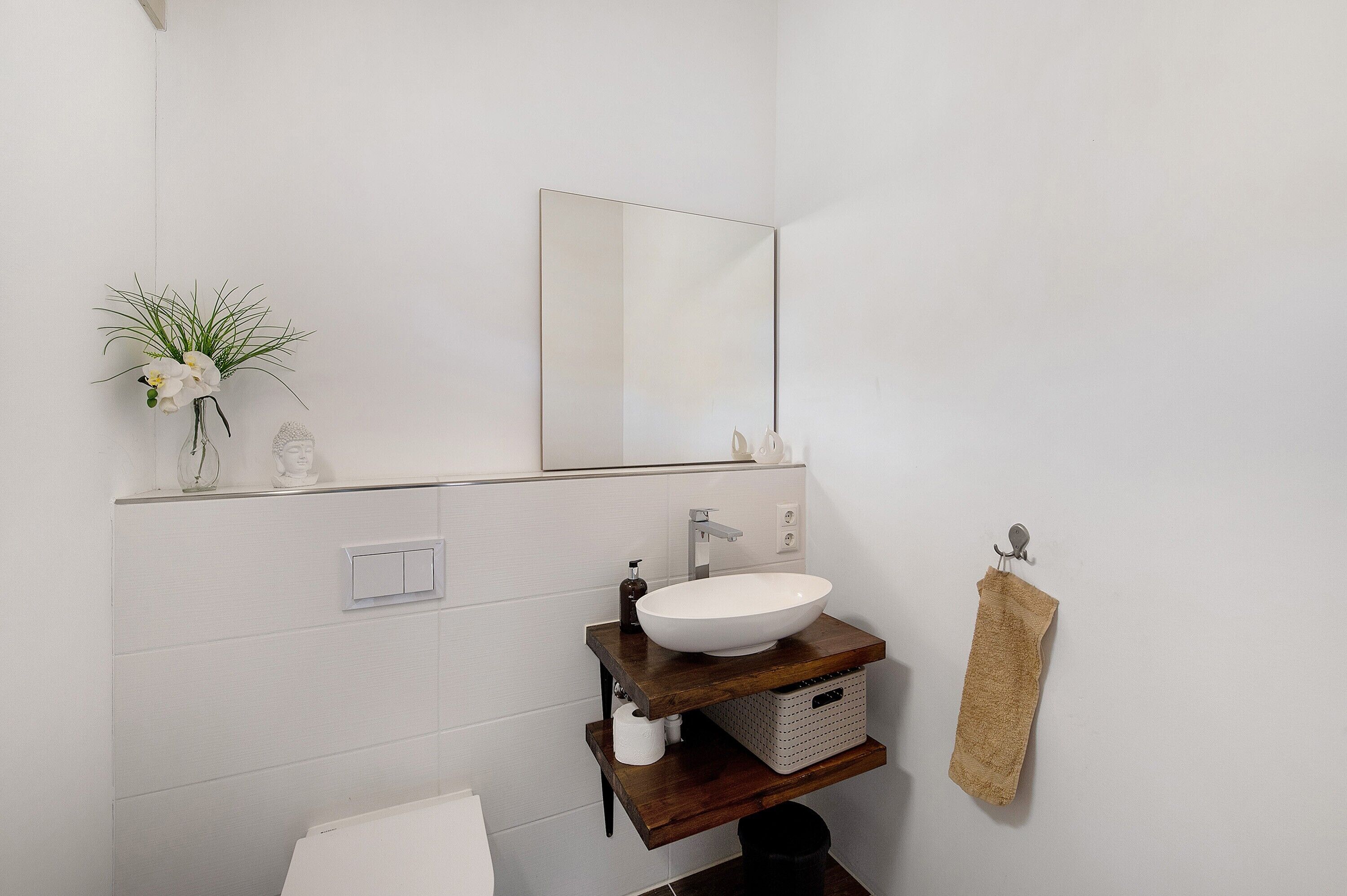 A bathroom with a white sink, a mirror, a towel rack, and a small plant.