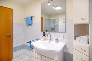 Shower, hair dryer, towels