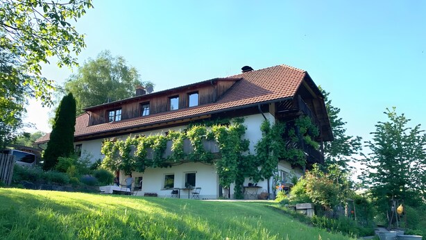 Ein zweigeschossiges Haus mit Satteldach, umgeben von einem gepflegten Rasen und viel Grün.