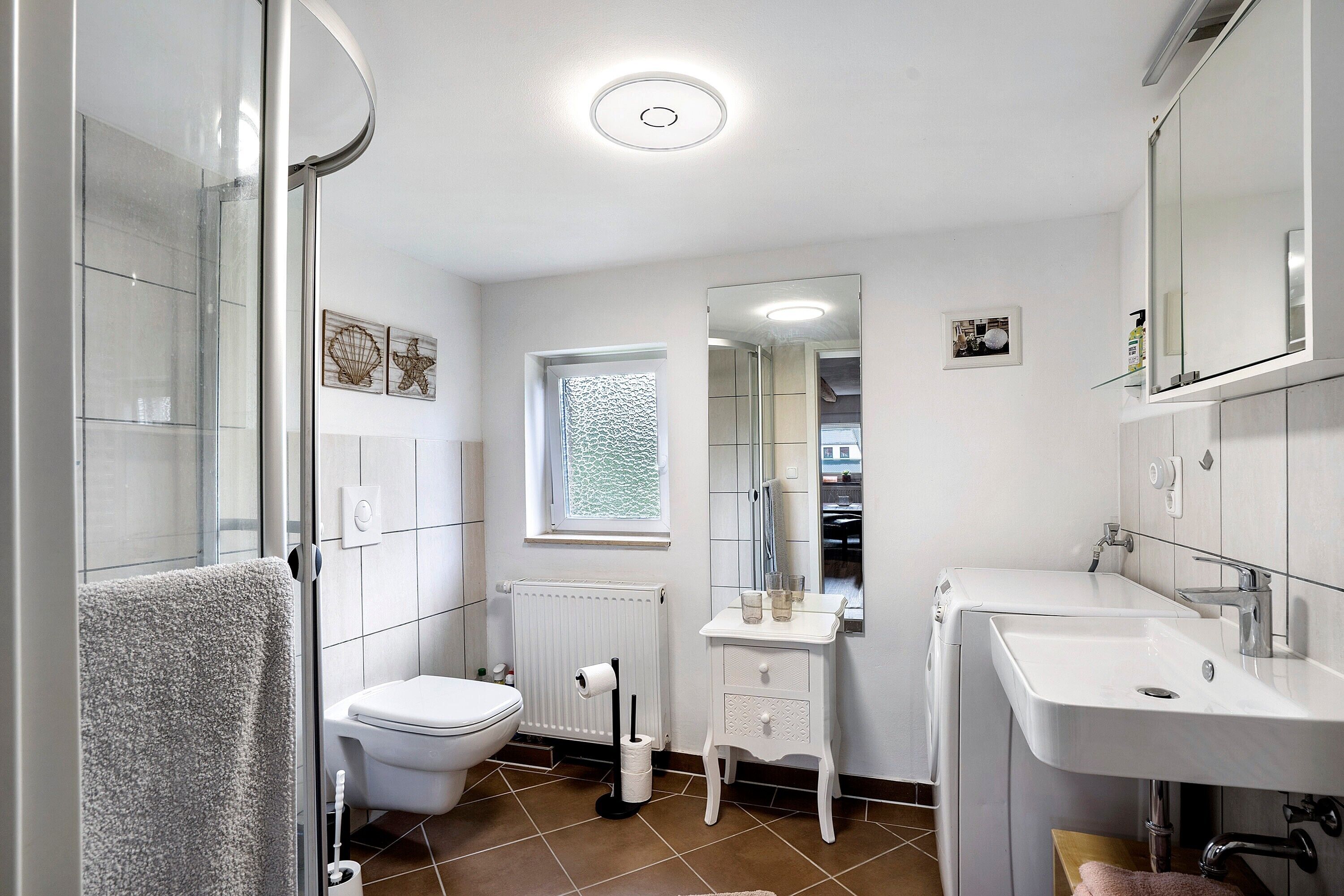 Shower, hair dryer, towels