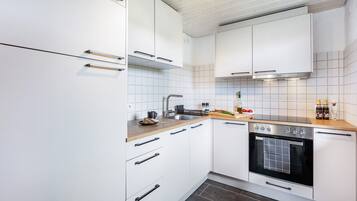 Een koelkast, een oven, een kookplaat, een vaatwasser