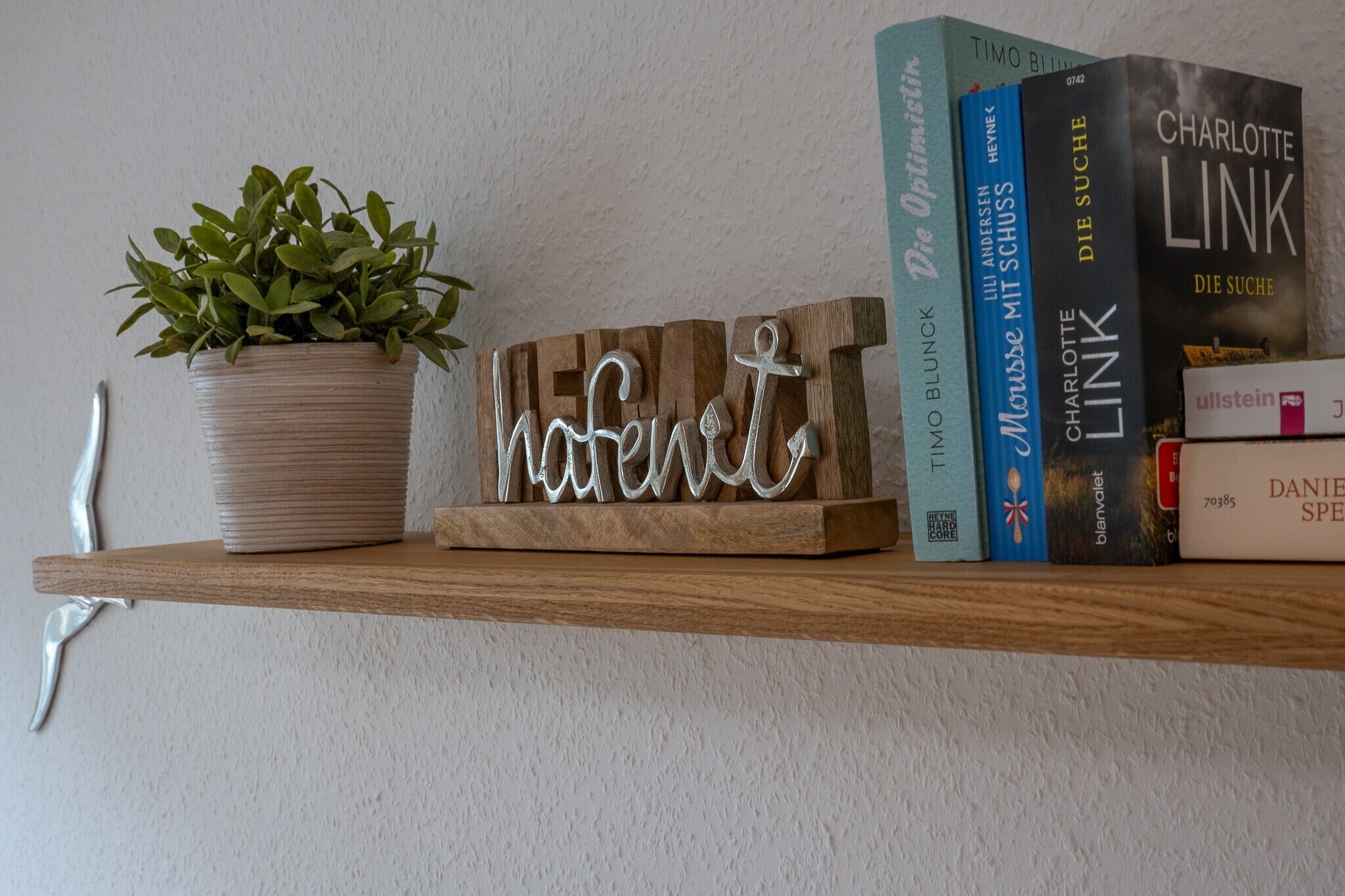 Une étagère avec des livres, une plante en pot et une enseigne en bois.