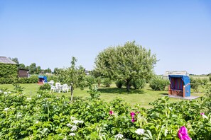 Ein Garten mit Sitzgelegenheiten im Freien, einem Baum und einer kleinen, blauen Struktur.