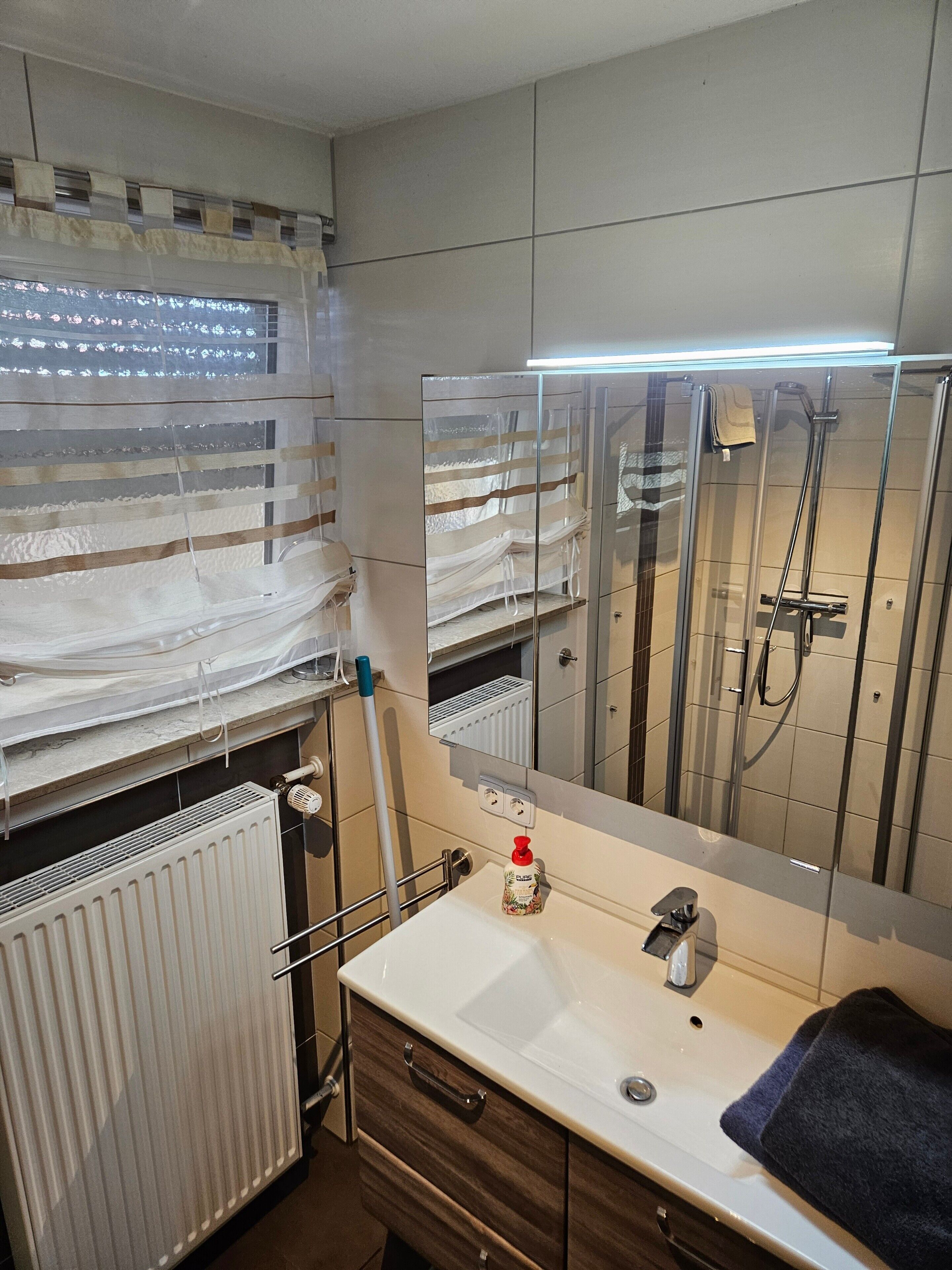 Une salle de bain équipée d’une douche, d’un lavabo, d’un miroir et d’un radiateur.