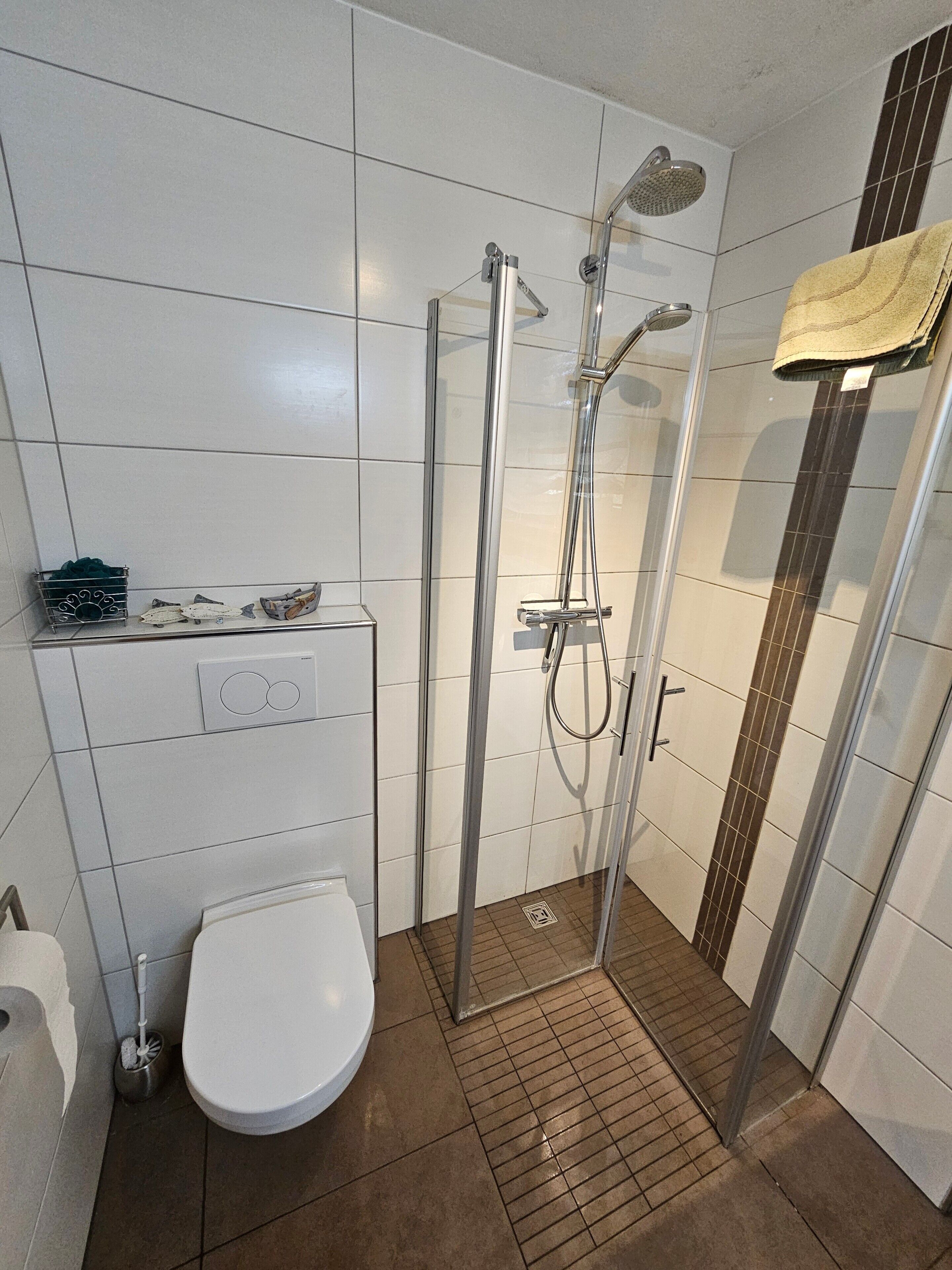 Een moderne badkamer met een glazen douchecabine, toilet en handdoekhouder.