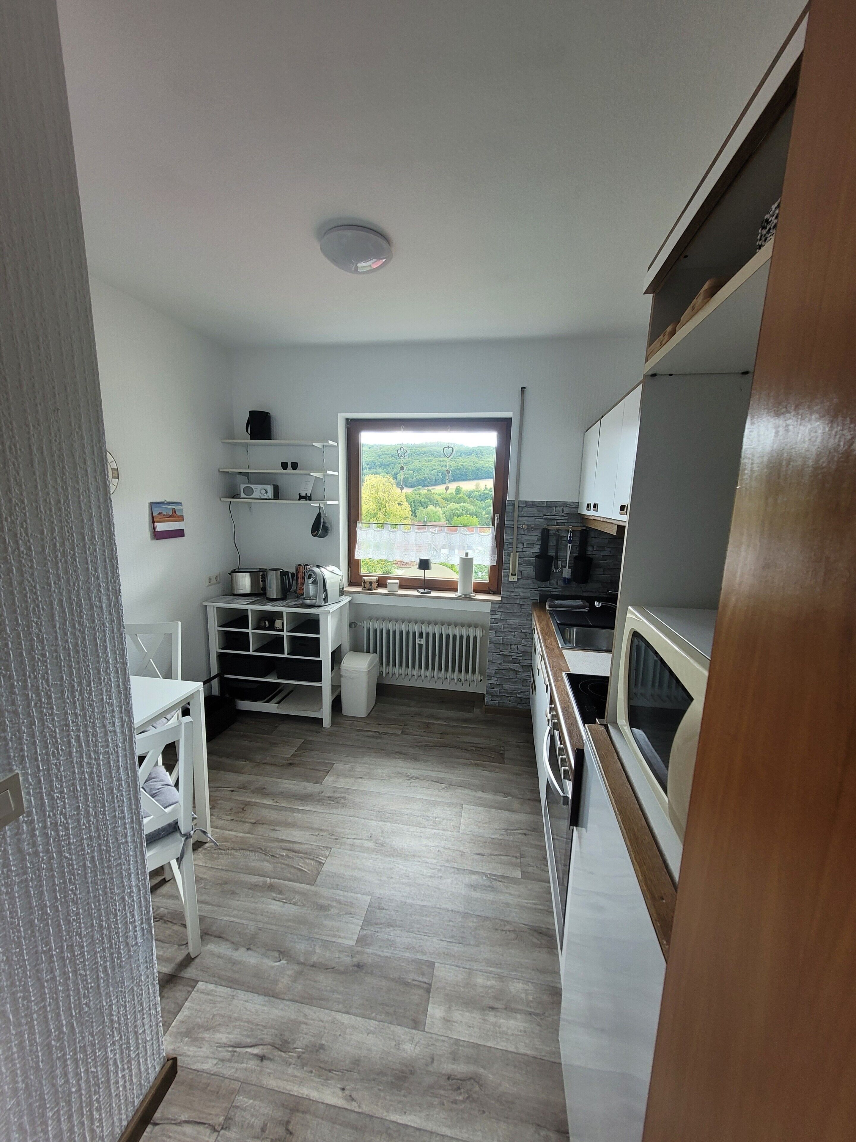 A kitchen with a view, white cabinets, a white countertop, and a wooden door.