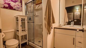 Buồng tắm vòi sen, máy sấy tóc, khăn tắm, xà phòng