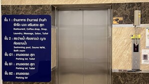 En elevator med skilt, der viser faciliteter og vejvisning til forskellige etager.