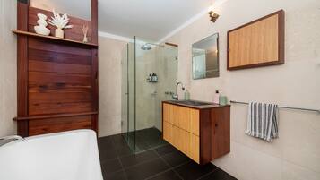 Shower, hair dryer, towels