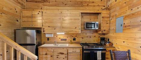 Een koelkast, een microgolfoven, een oven, een kookplaat