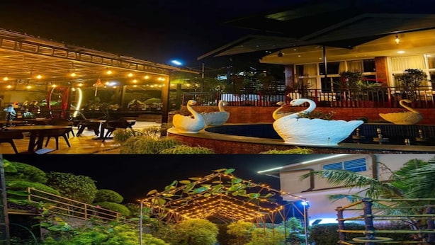 Un restaurante con terraza, esculturas con forma de cisne y un sendero en el jardín.