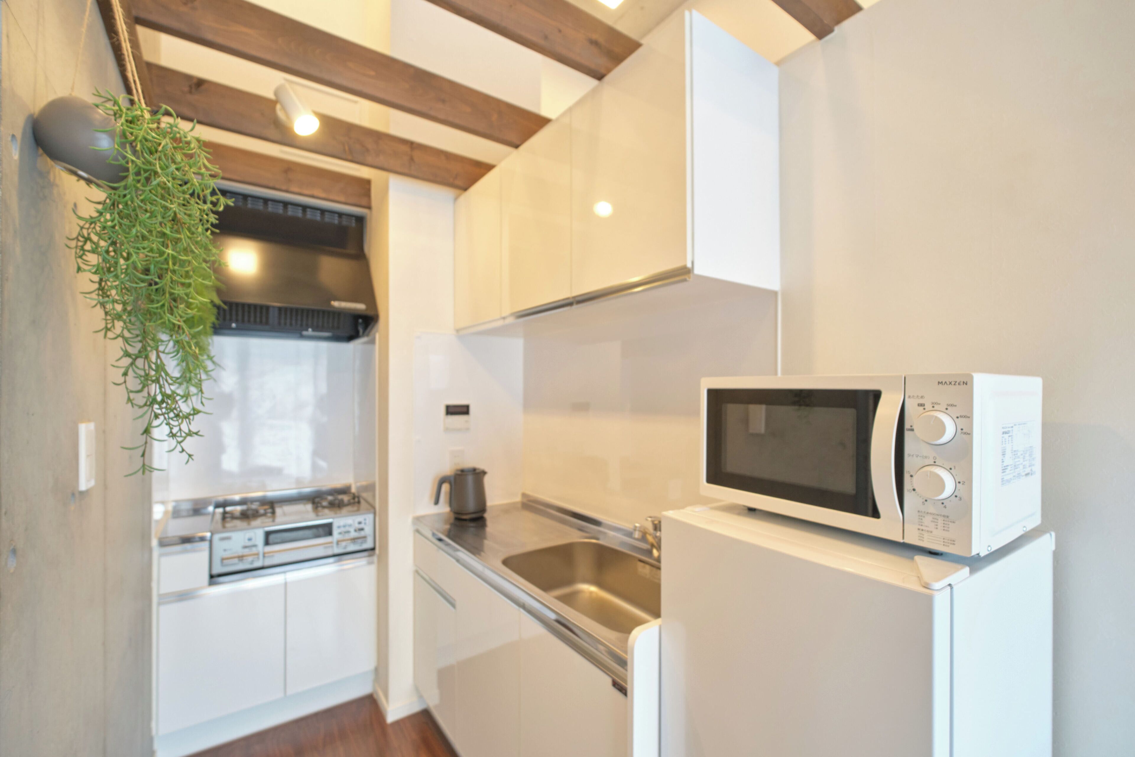 A modern kitchen with white cabinets, a built-in oven, a microwave, and a hanging plant.