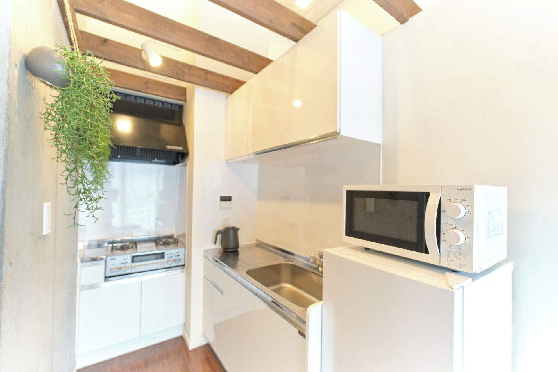 Una cocina compacta con muebles blancos, microondas integrado, pileta de acero inoxidable y una planta colgante.