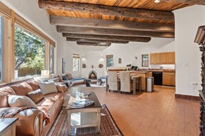 TV, fireplace, books, stereo