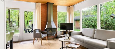 A modern living room with a fireplace, sofa, and TV, large windows with a view of greenery.