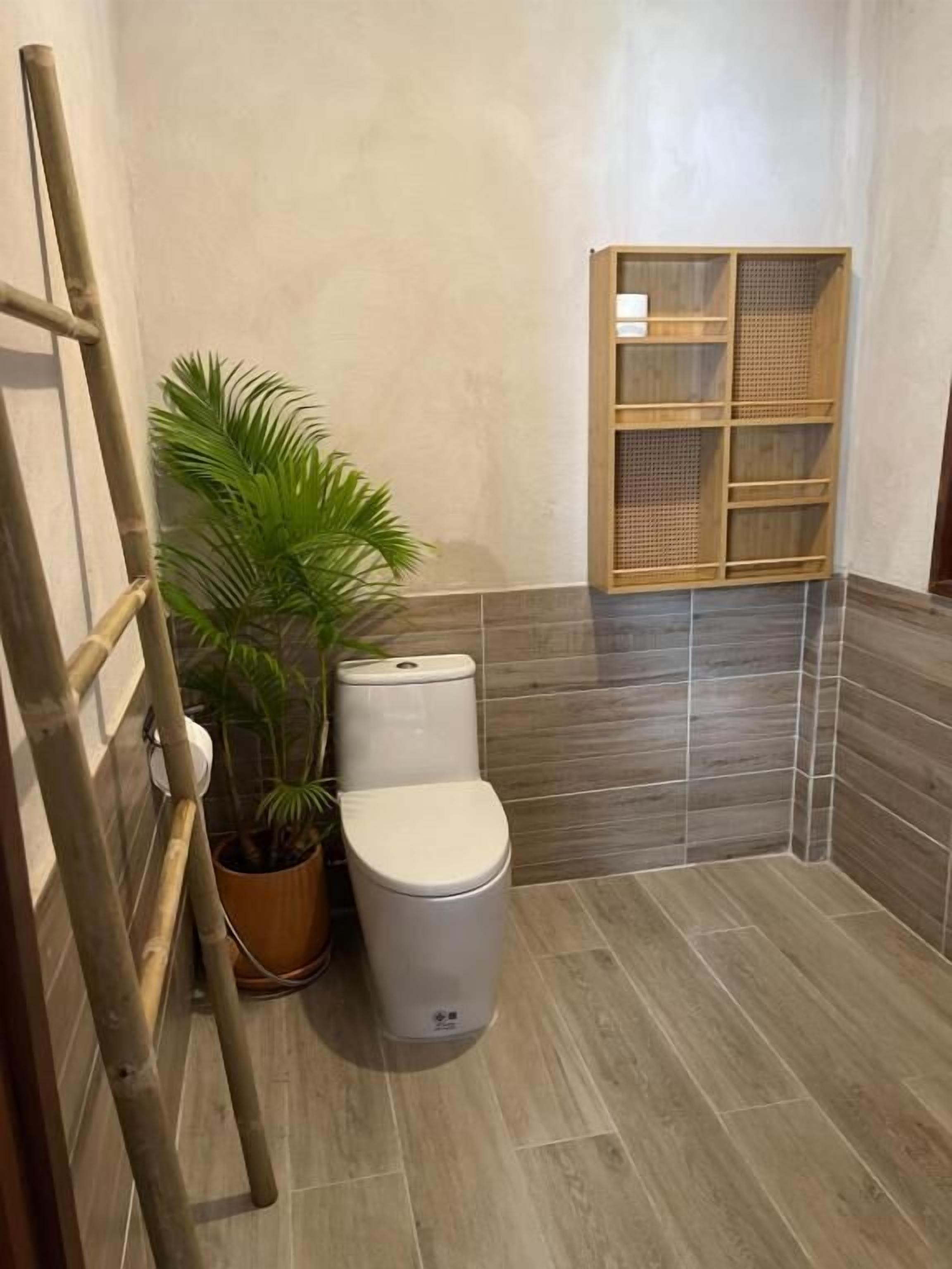 Une salle de bain avec des toilettes, une plante en pot, une échelle en bois et une étagère.