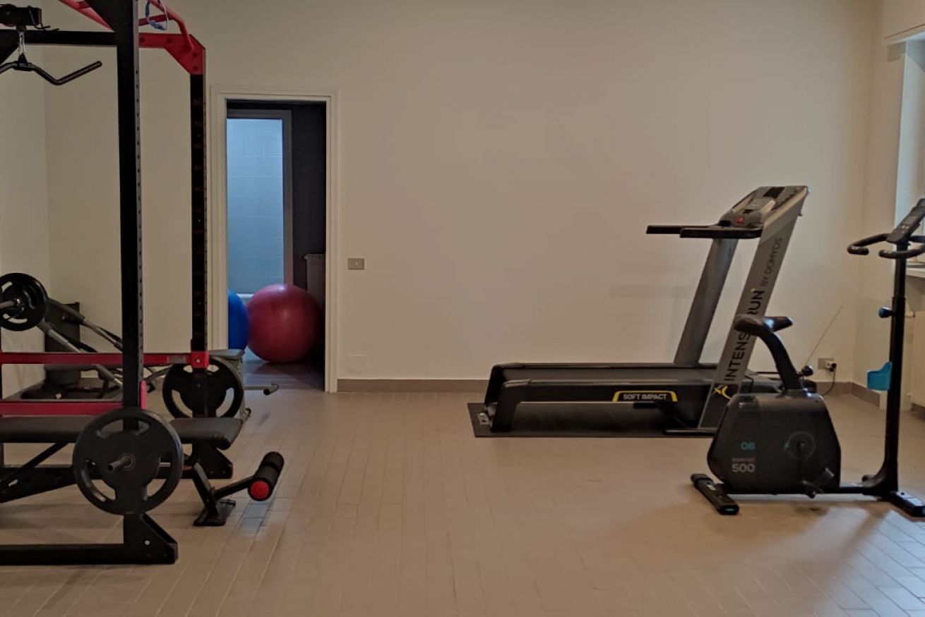 A home gym with a treadmill, weight bench, and exercise balls.