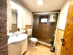 Ein Badezimmer mit Waschbecken, Toilette und Duschbereich.