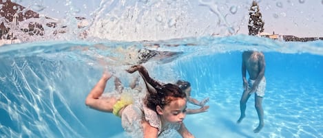 Außenpool (je nach Saison geöffnet), Sonnenschirme, Liegestühle