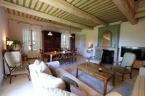 Télévision, cheminée, table de tennis de table