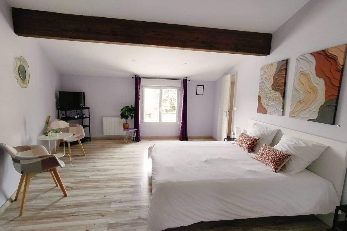 Ein Schlafzimmer mit einem großen Bett, einem Schreibtisch mit Stuhl, einem Fernseher und einem Fenster mit Vorhängen.