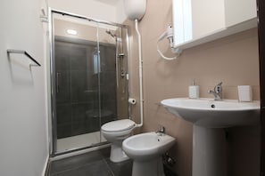 Shower, hair dryer, bidet, towels